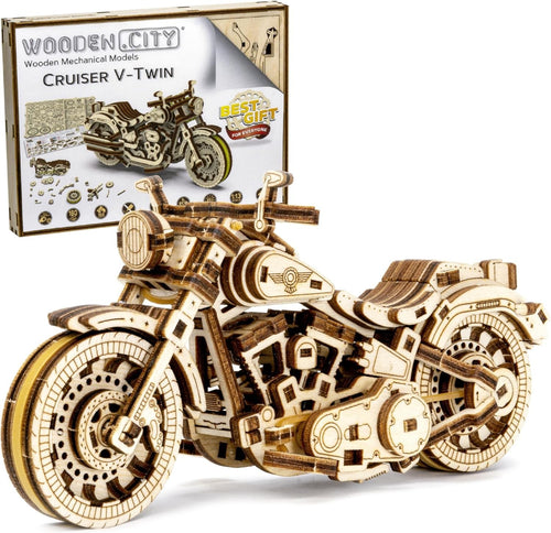3D Wooden Motorbike Puzzle Kit | V-Twin Model | Rubber Engine Toy Gift