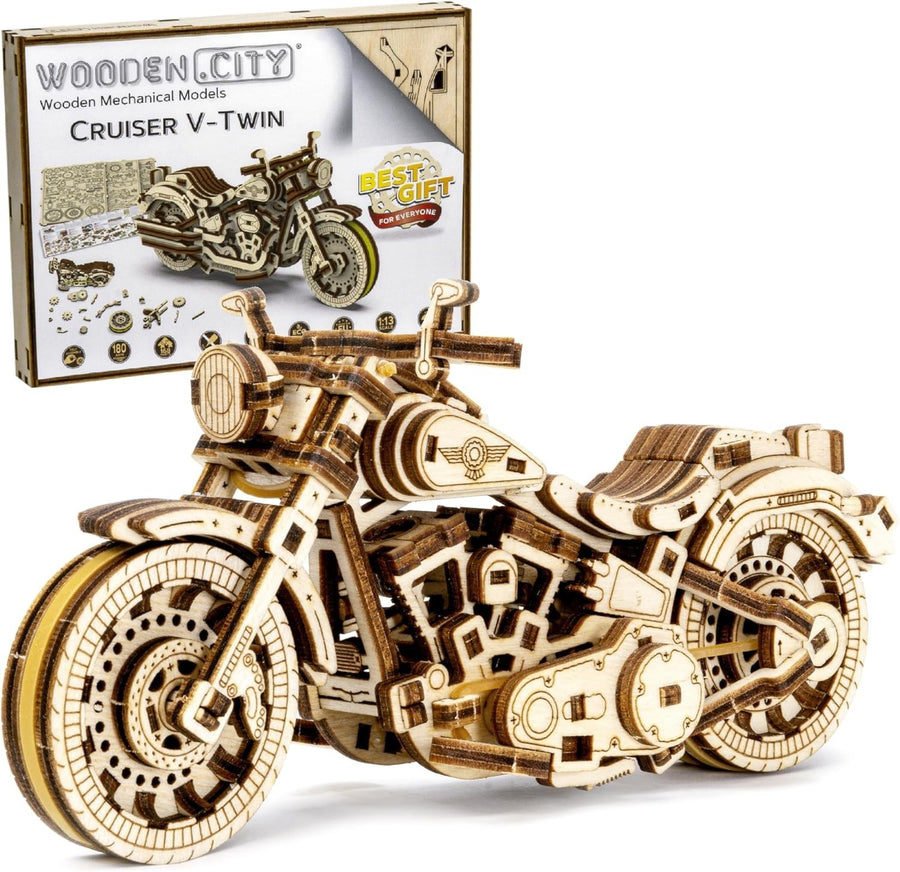 3D Wooden Motorbike Puzzle Kit | V-Twin Model | Rubber Engine Toy Gift