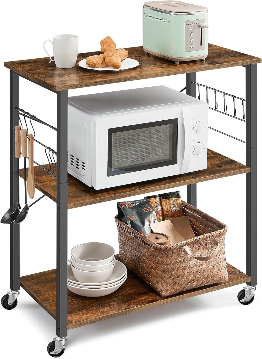 Kitchen Trolley on Wheels 3 Tier Microwave Shelf Rustic Rolling Storage Cart