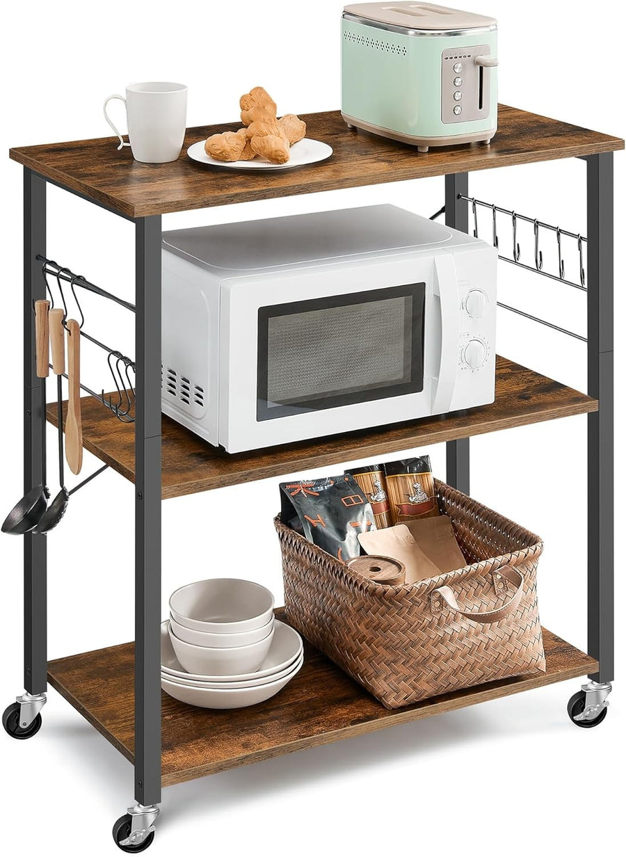 Kitchen Trolley on Wheels 3 Tier Microwave Shelf Rustic Rolling Storage Cart