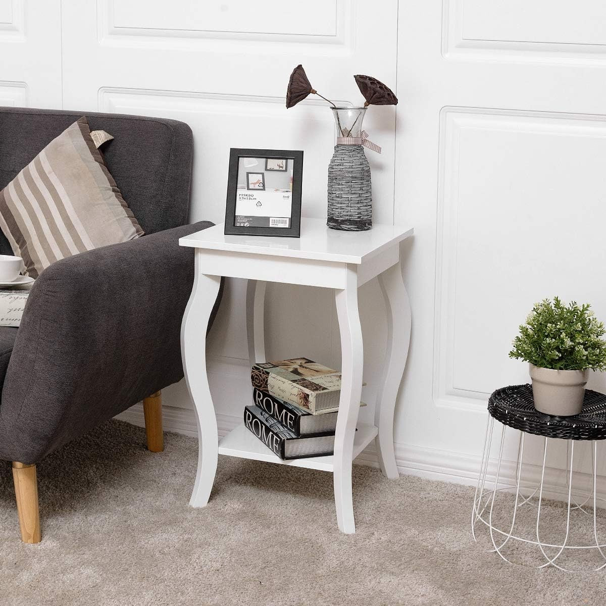 White 2-Tier Bedside Table with Open Storage Shelf – Modern Wooden Side Table 40