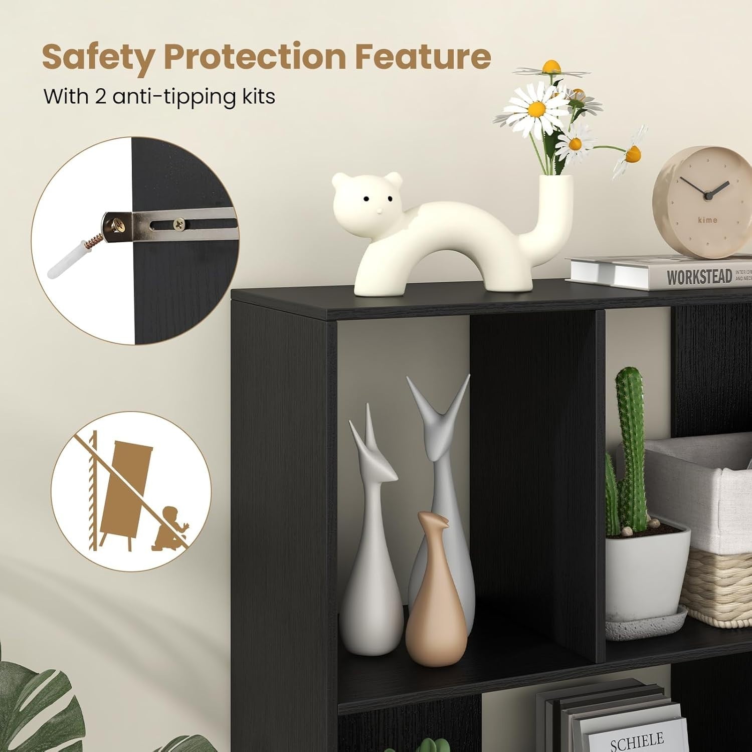 4-Cube Storage Bookcase Wooden Shelves Metal Legs Anti-Tip 90x30x90cm