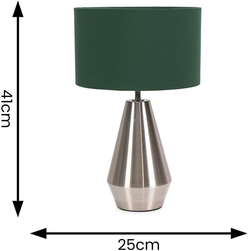 Silver Touch Dimmer Table Lamp Green Drum Shade Bedside LED Light