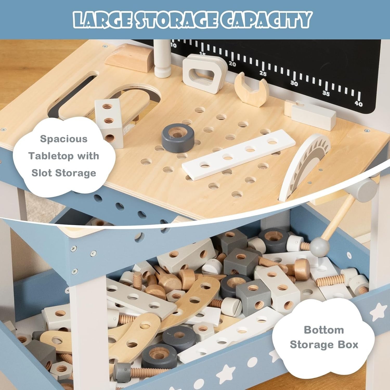 Wooden Kids Workbench Tool Set 75pcs w/ Blackboard Clock Storage Shelf 50x29