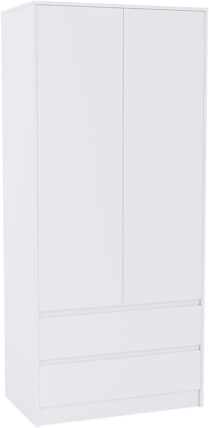 White 2 Door Wardrobe with 2 Drawers Pine Wood Bedroom Storage Cabinet
