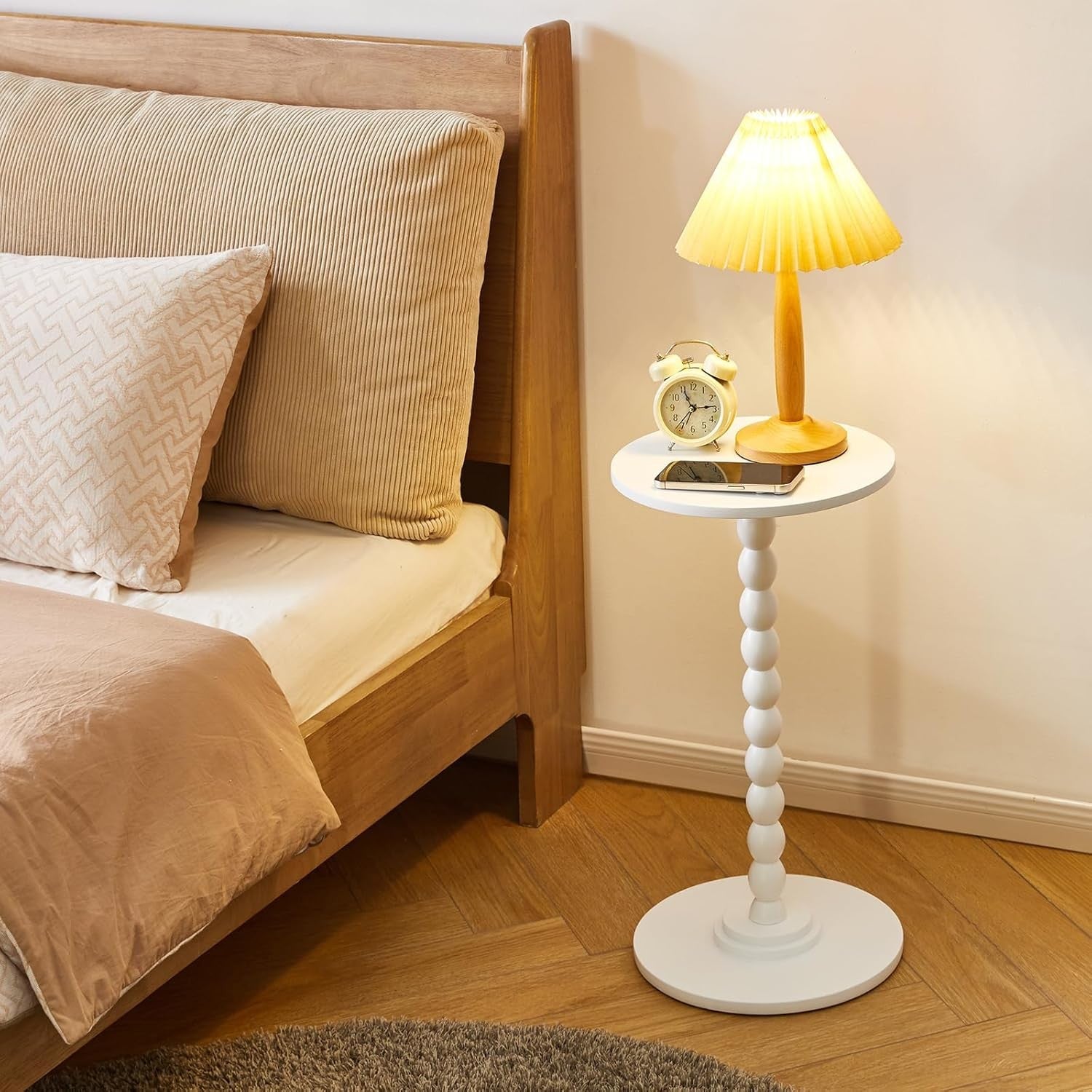 White Round Side Table – Modern Slim Accent Table with Solid Wood Leg for Small