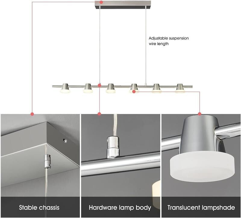 Modern 6-Light LED Pendant Chandelier Remote Dimmable 110CM Chrome Bar