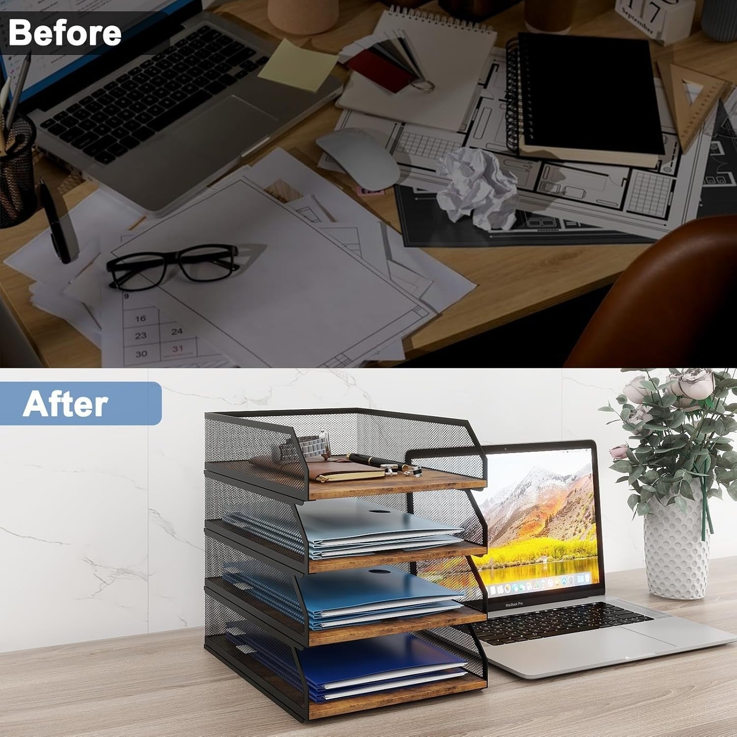4-Tier Stackable Desk Paper Tray Organizer Metal & Wood Desktop Rack
