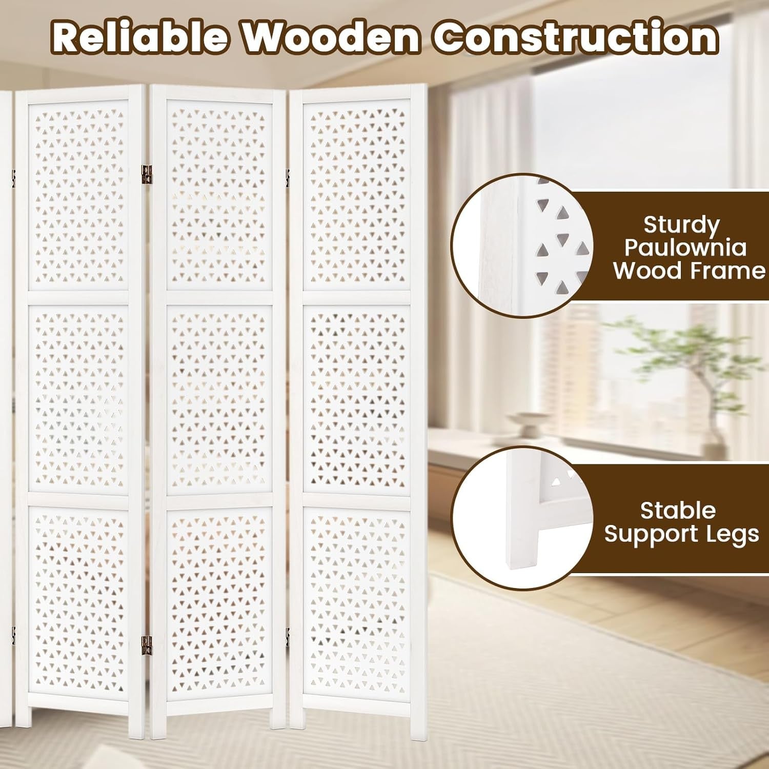4 Panel White Carved Wood Room Divider Decorative Privacy Screen 170cm High