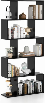 S Shaped 5 Tier Wooden Bookcase Freestanding Display Storage Shelf Black