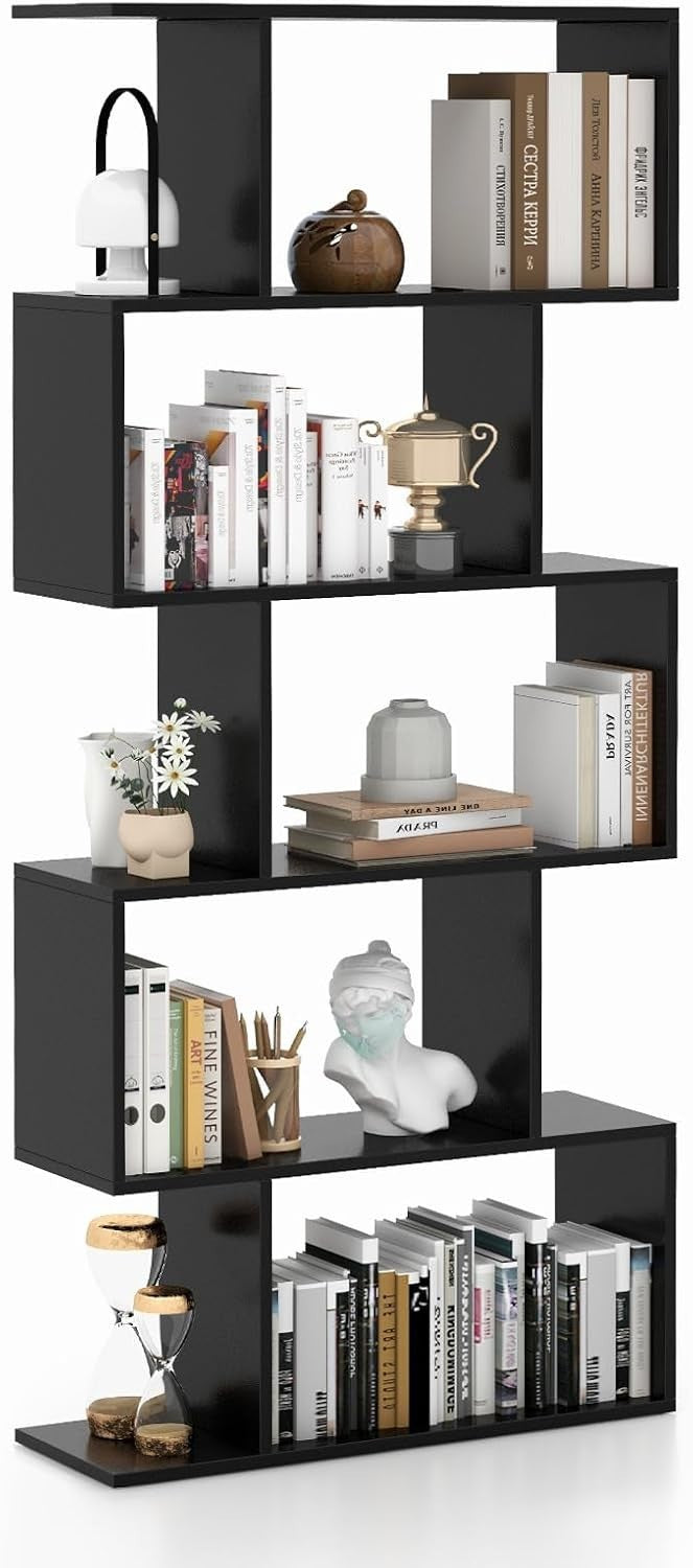 S Shaped 5 Tier Wooden Bookcase Freestanding Display Storage Shelf Black
