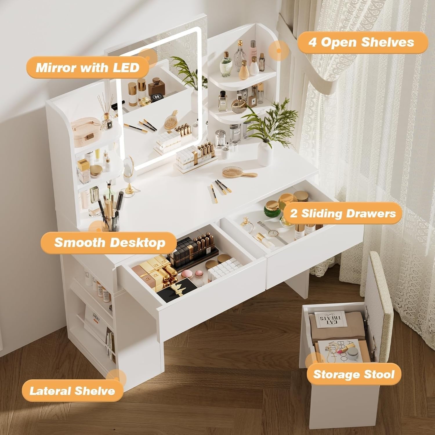 Modern Vanity Dressing Table Set White LED Mirror Stool Storage Drawers Shelves