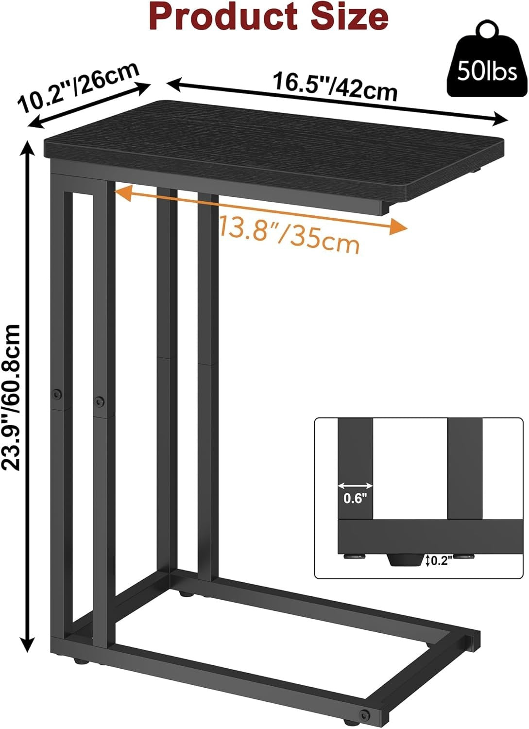 C-Shaped Narrow Side Table with Storage, Slide-Under Sofa, Compact Desk