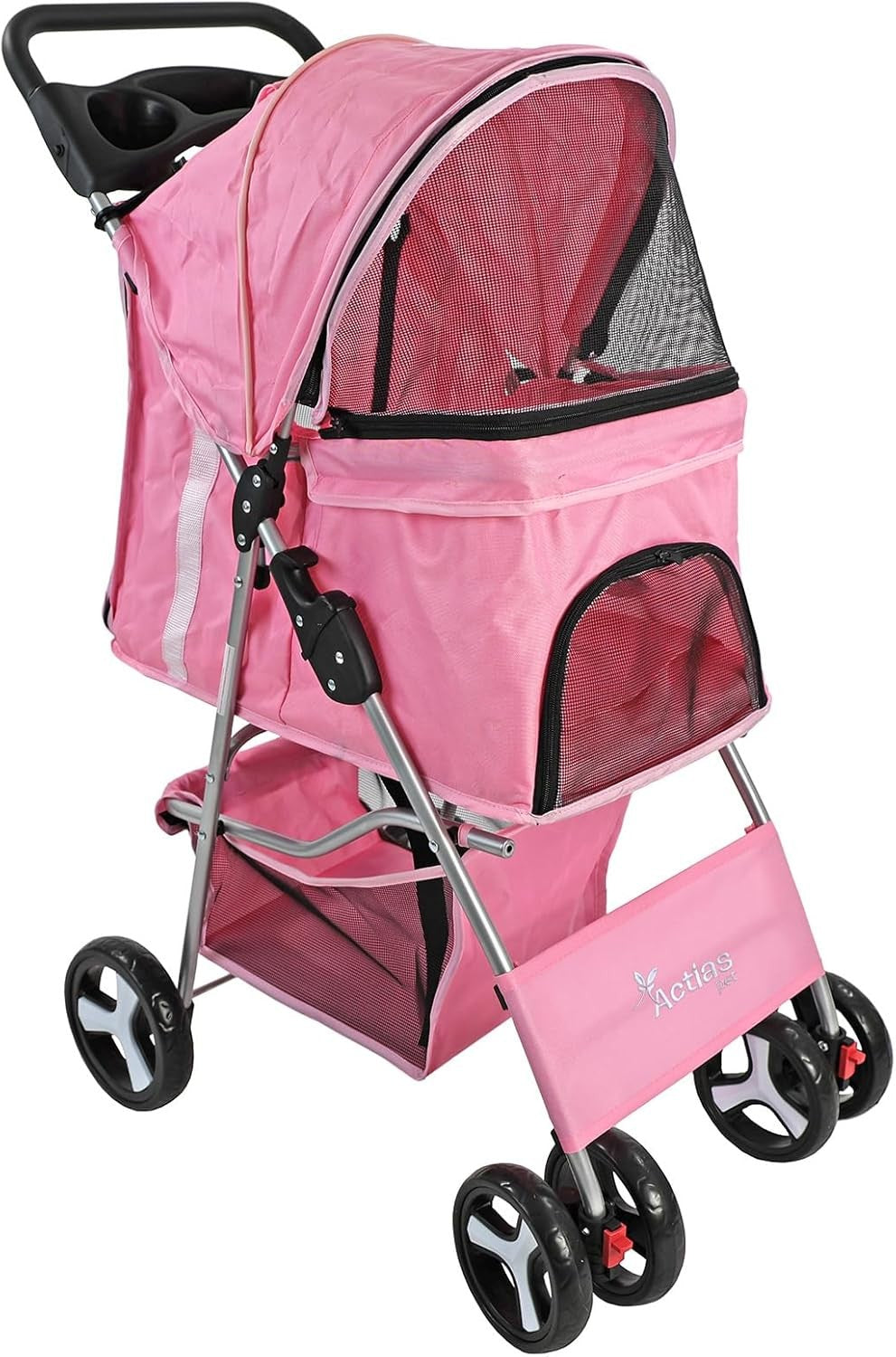Pet Travel Stroller Dog Cat Pushchair Foldable Swivel Wheels 15kg Pink