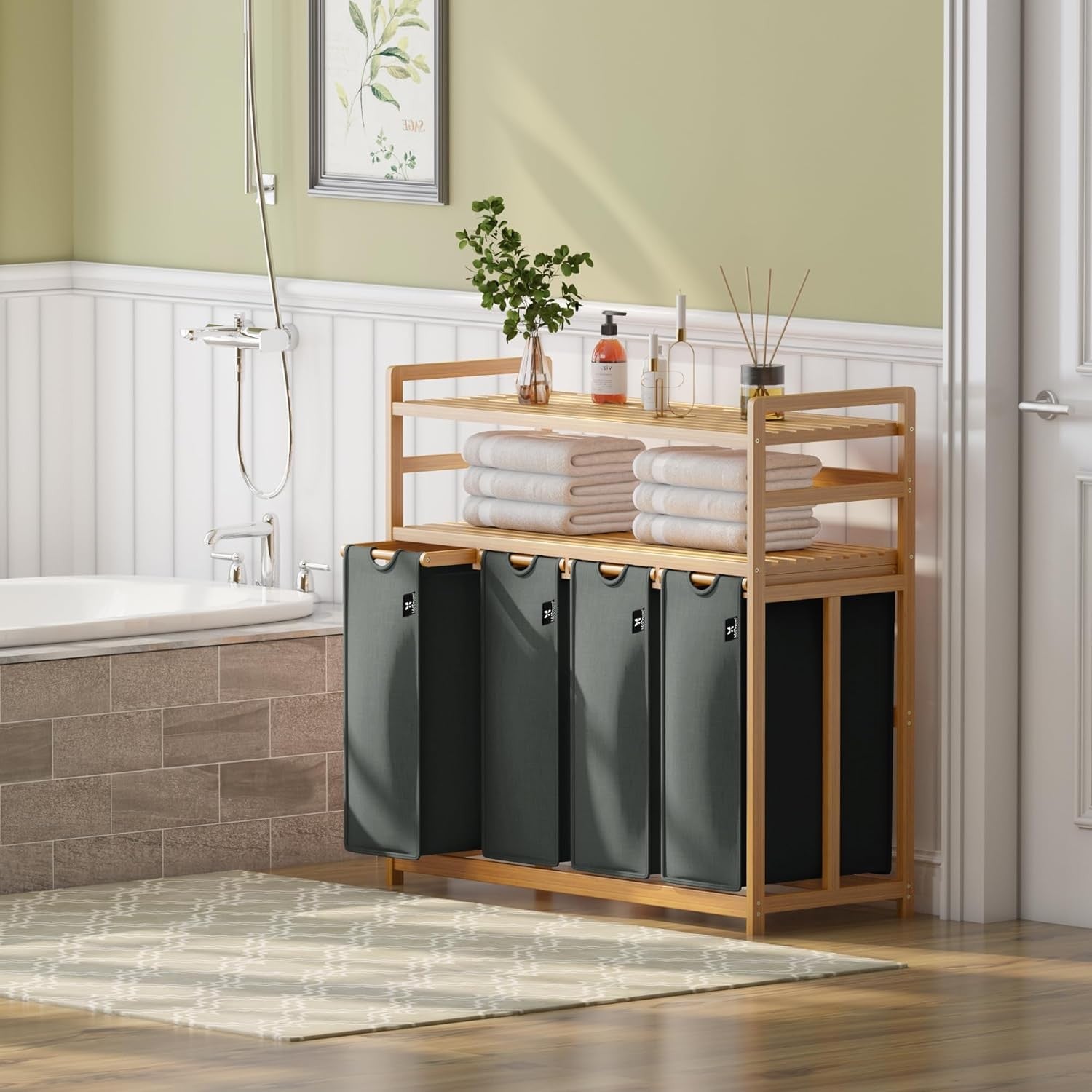 200L 4-Section Laundry Sorter Bamboo Frame Grey With Shelf Removable Bags