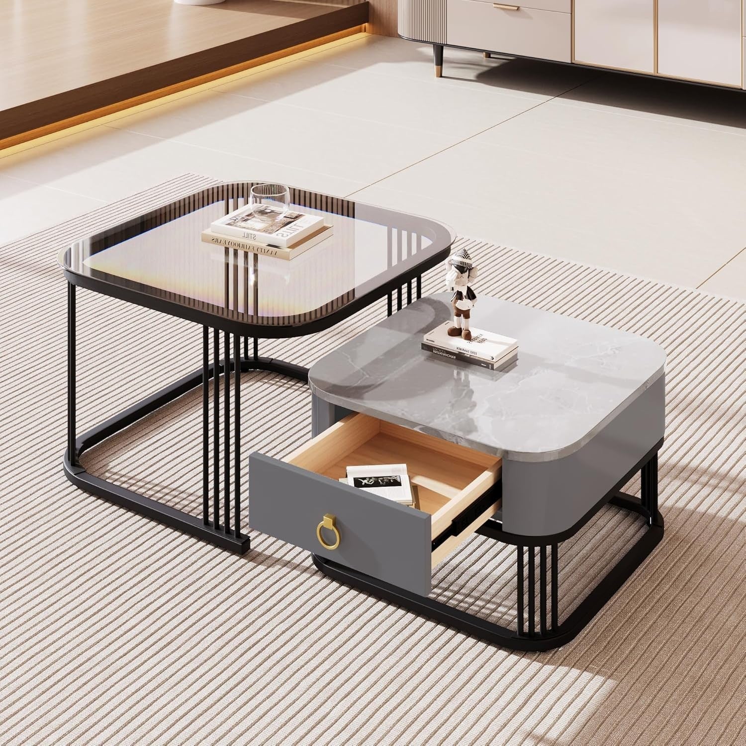 2x Nesting Coffee Tables Set Storage Drawer Marble Look & Glass Top Metal Frame