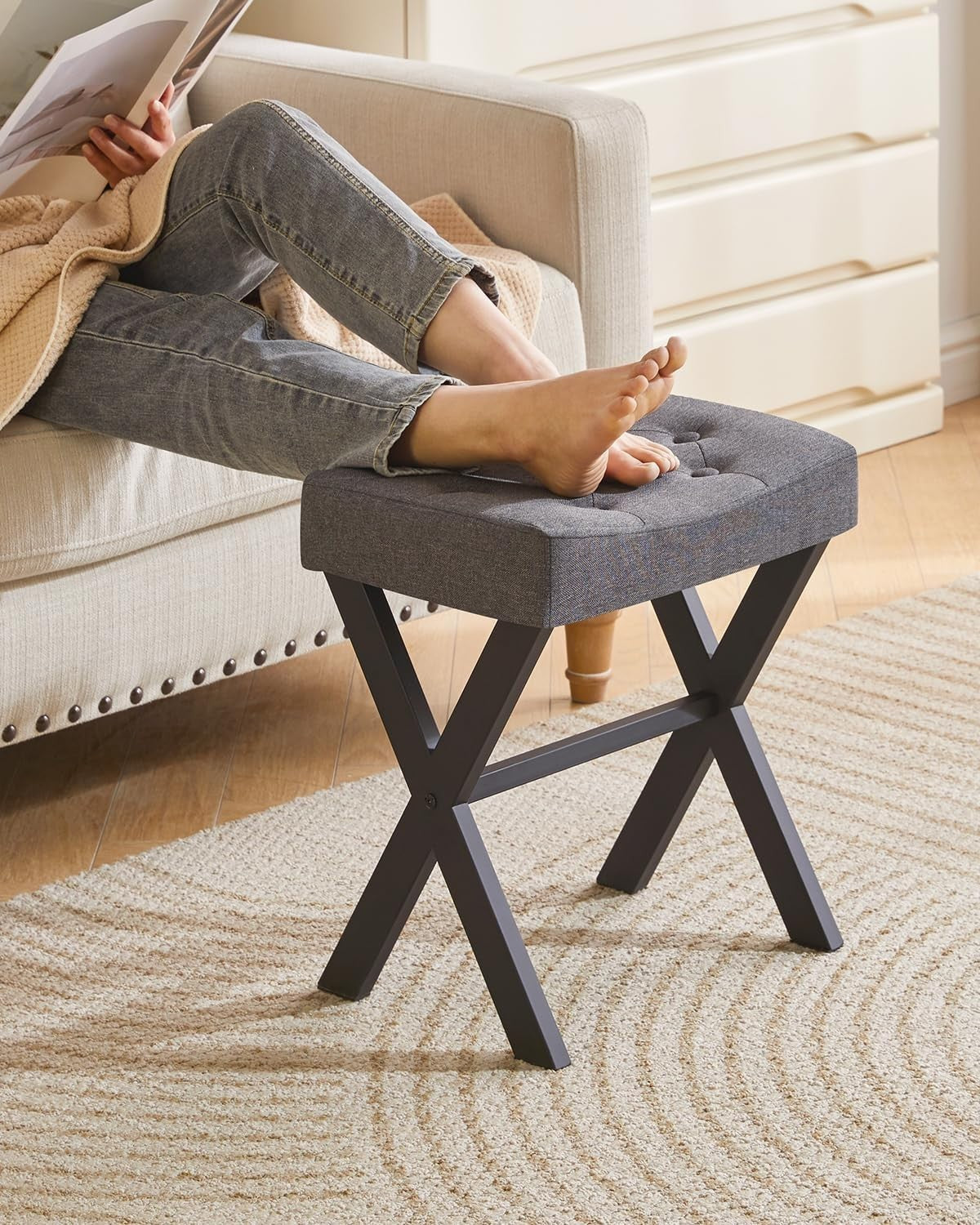 Dark Gray U-Shaped Vanity Stool with X-Leg – Linen Makeup Ottoman Seat