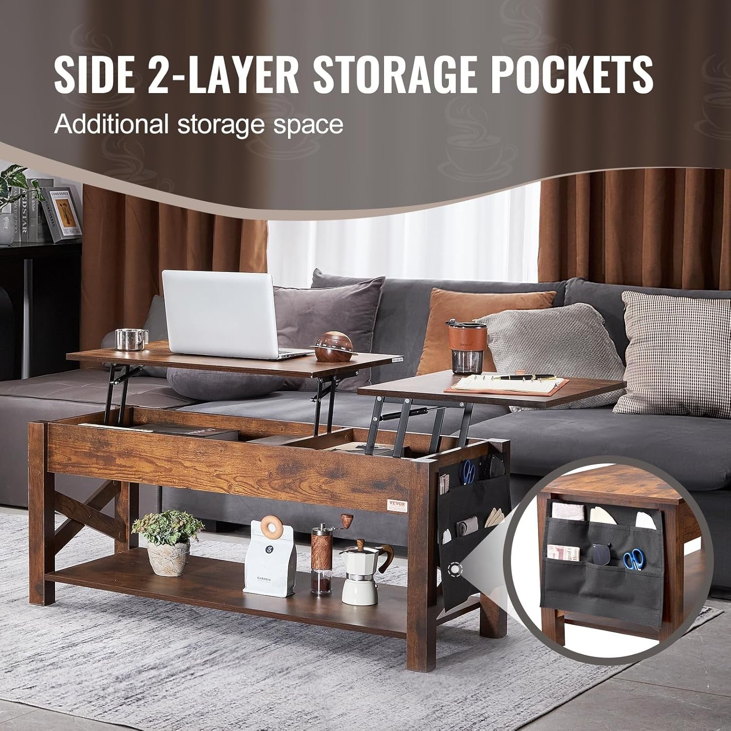 Lift Top Coffee Table with Storage, Pop-Up Wood Table 120cm for Living Room