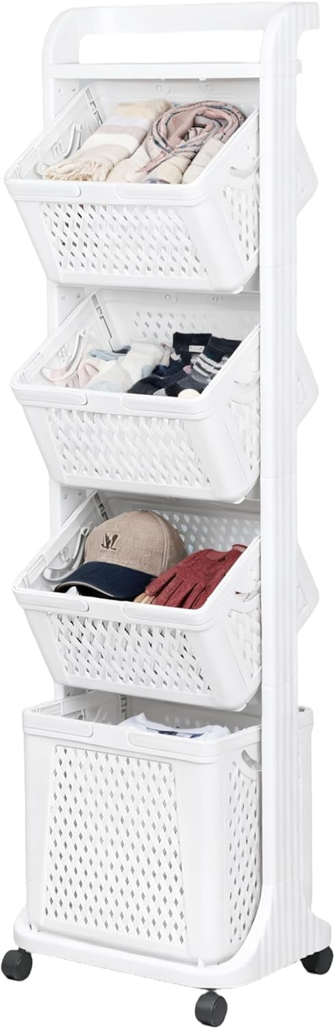4 Tier Laundry Basket with Wheels 92L – Tall Slim Laundry Sorter with Movable Ba