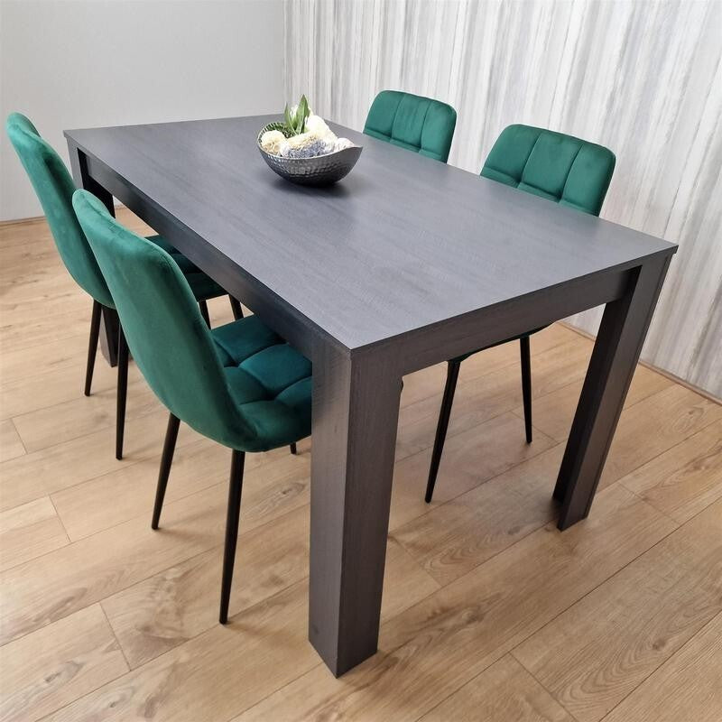 Dark Wood Dining Table Set with 4 Green Velvet Chairs Kitchen Furniture