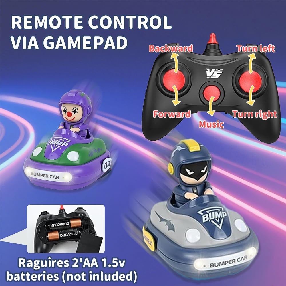 2 Pack RC Bumper Cars for Kids – Bat Design, Lights, Sound & Ejecting Drivers