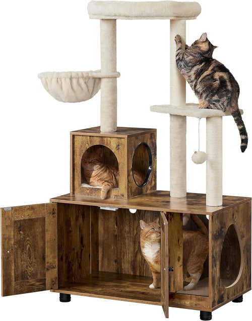 Rustic Cat Tree with Litter Box Enclosure Wooden Condo Tower Beige Brown