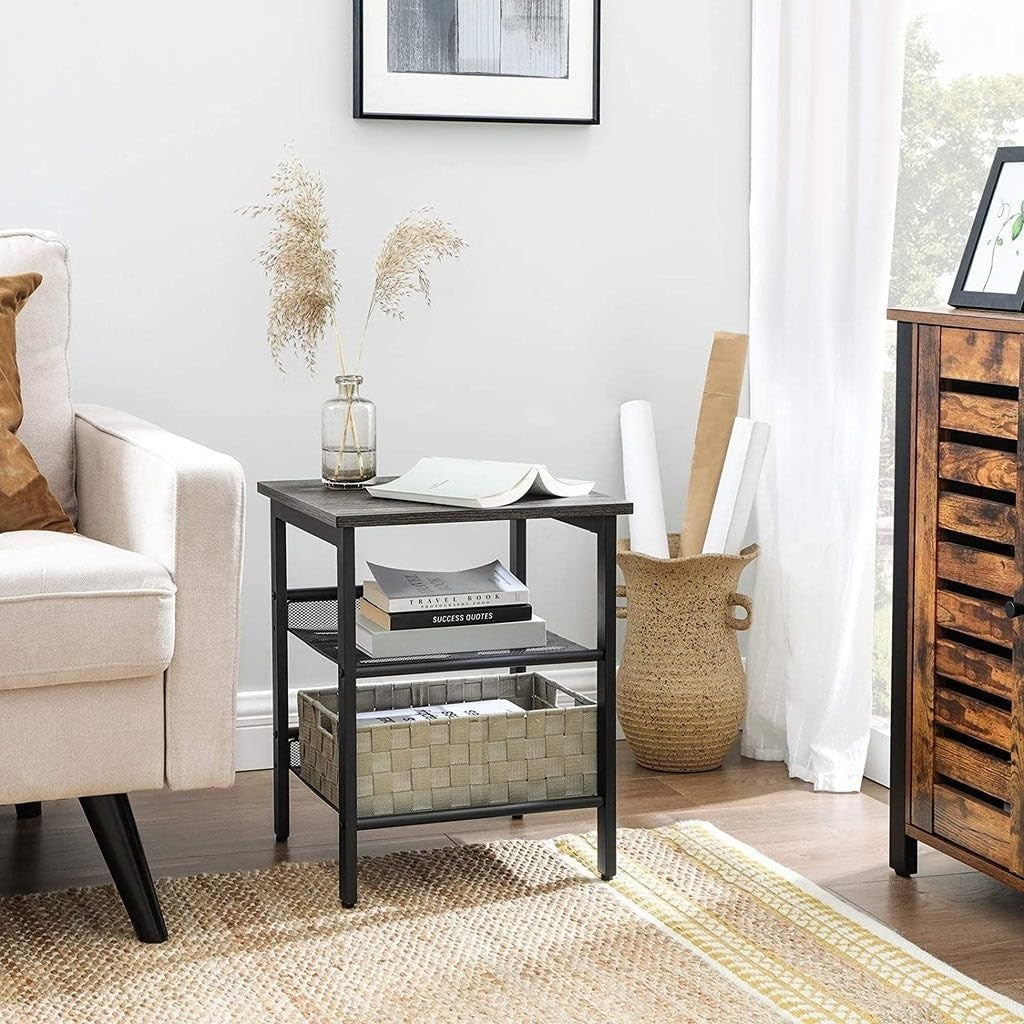 Set of 2 Industrial Bedside Tables with Adjustable Mesh Shelves, Charcoal Grey