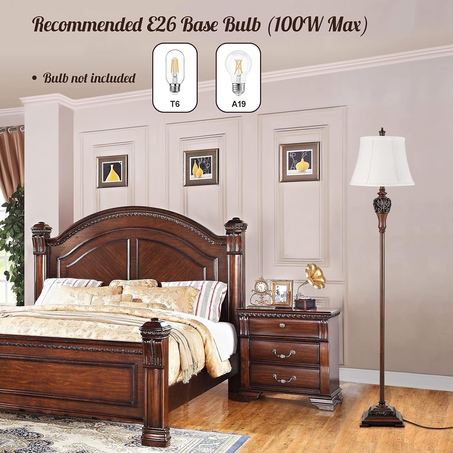 Vintage Floor Lamp Tall Standing Light Fabric Shade Classic Reading Lamp