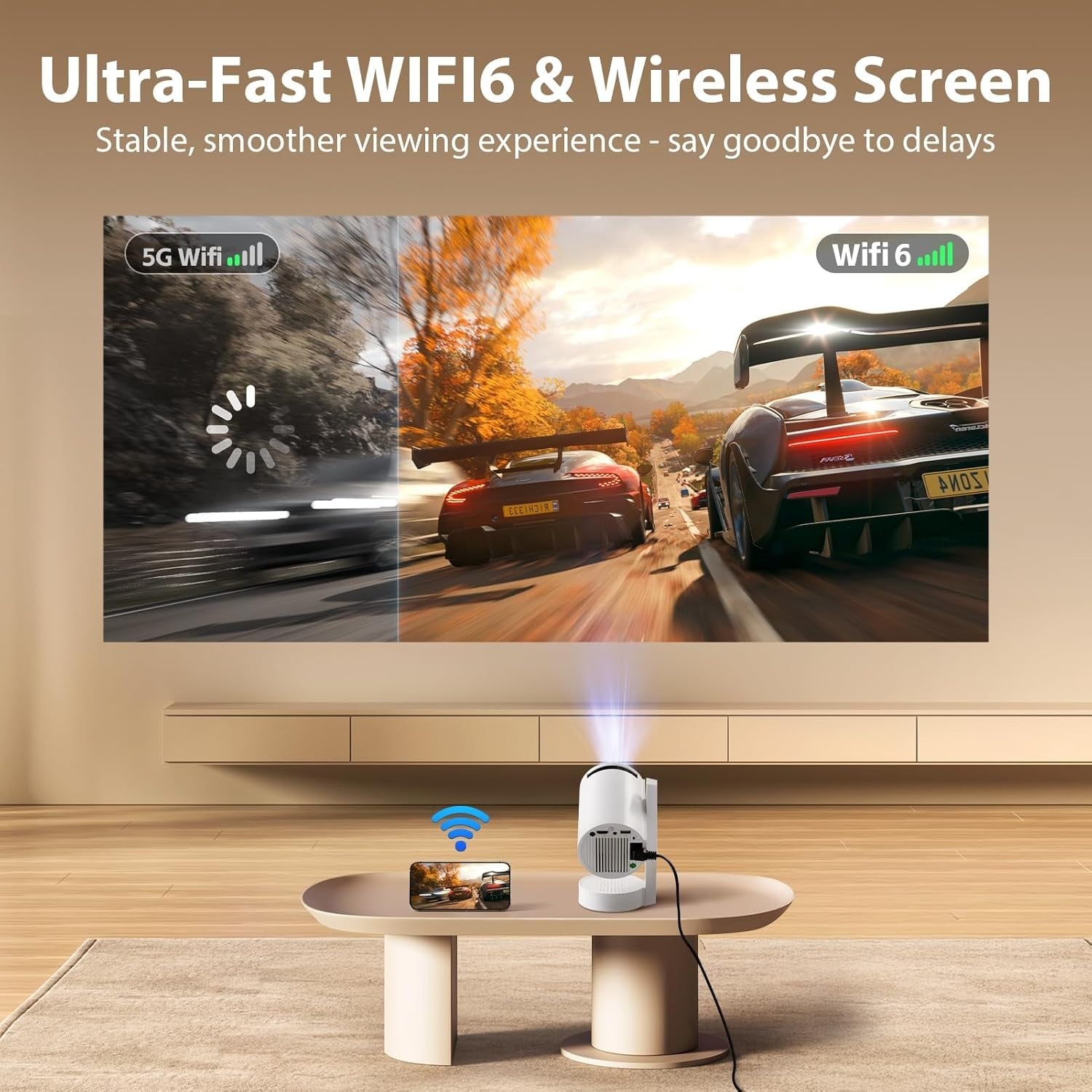 4K Smart Mini Projector 1080P Android 13 WiFi 6 360° Portable