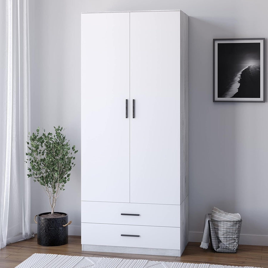 Tall 2 Door White Drawer Wardrobe Modern Clothes Storage for Bedroom Home