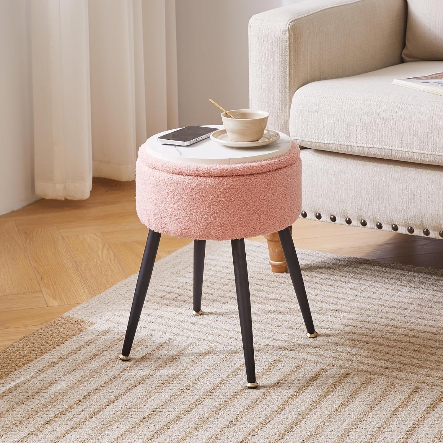 Pink Round Teddy Fur Vanity Stool with Storage – Soft Ottoman Seat