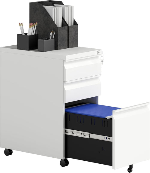 White 3 Drawer Lockable File Cabinet 30x43.5x60cm Mobile Cabinet