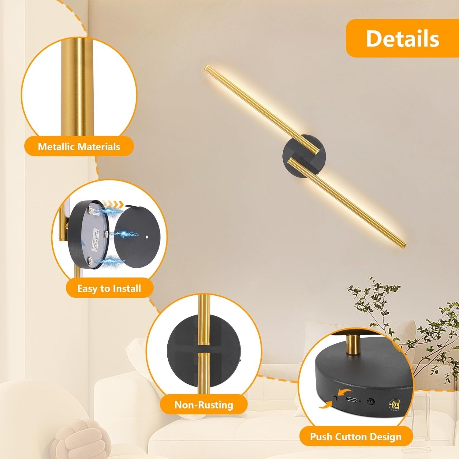 Rechargeable Wireless Wall Sconces 77CM Dimmable LED 3 Color Temps