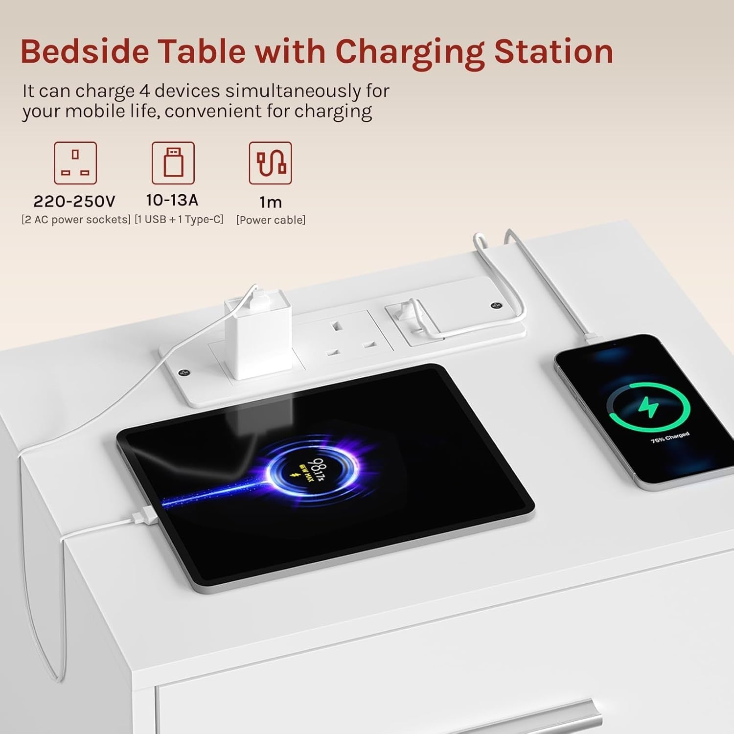Pair of White 3 Drawer Bedside Tables with Charging Station – Modern Nightstands