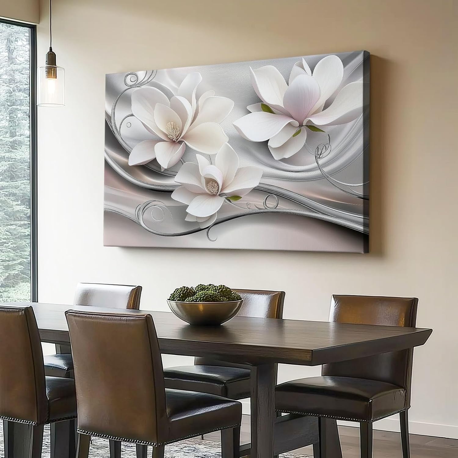 Large White Grey Floral Canvas Wall Art Modern Print 60x40cm