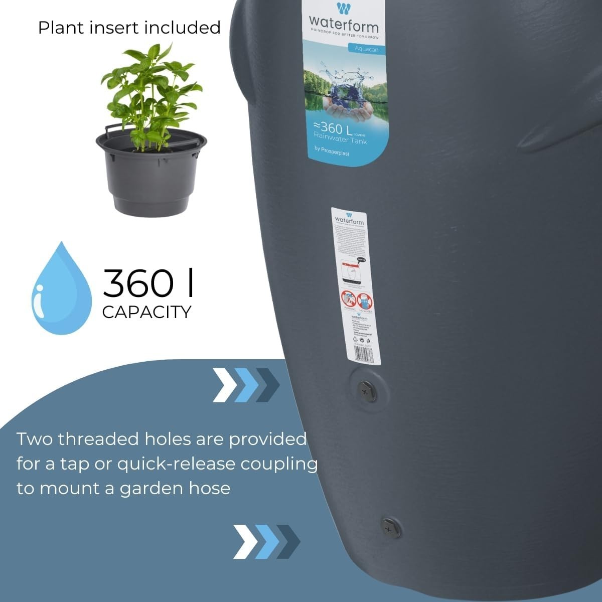 360L Grey Garden Water Butt with Tap & Complete Connection Kit