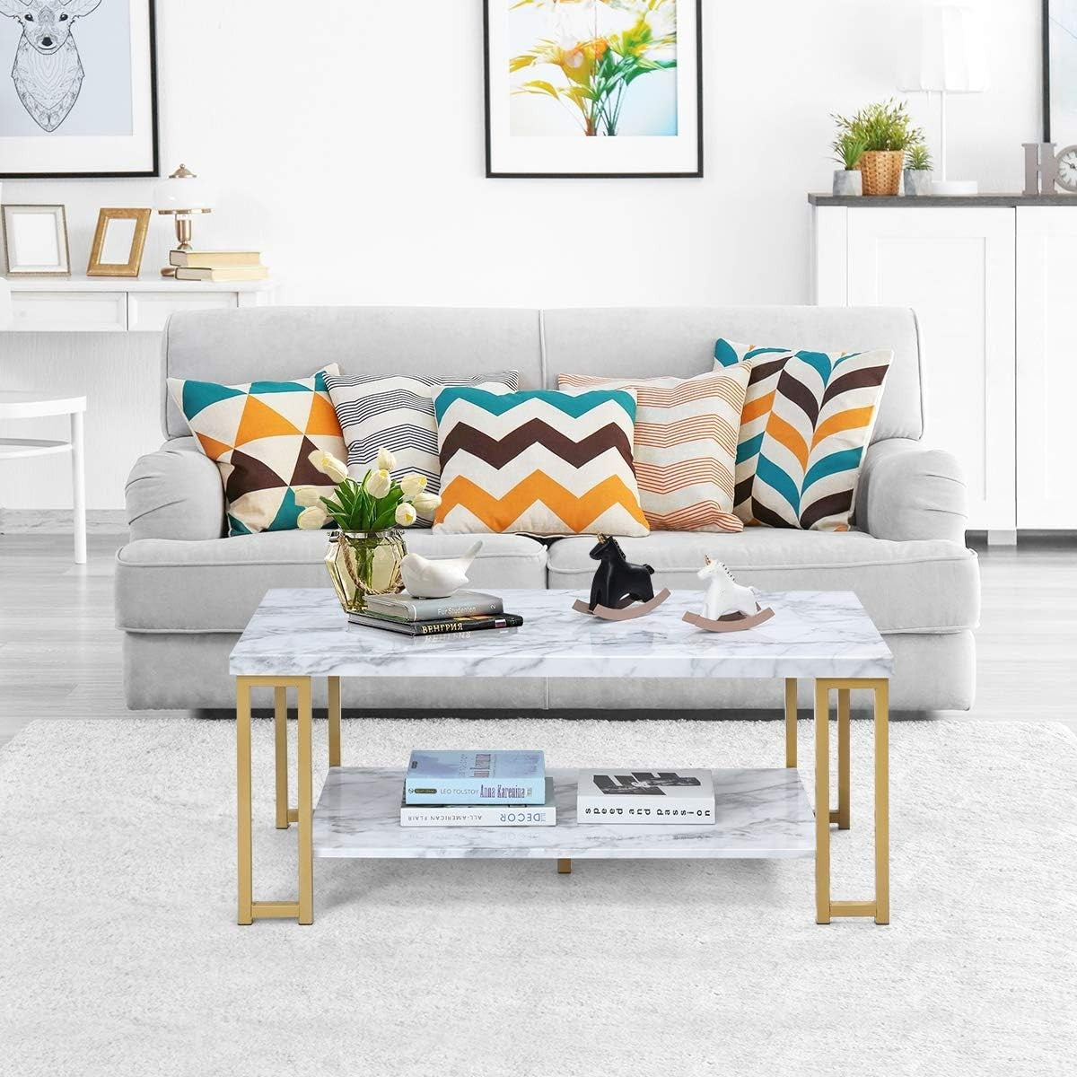 Marble Effect 2-Tier Coffee Table with Shelf, Gold Frame, Small Space Living Roo