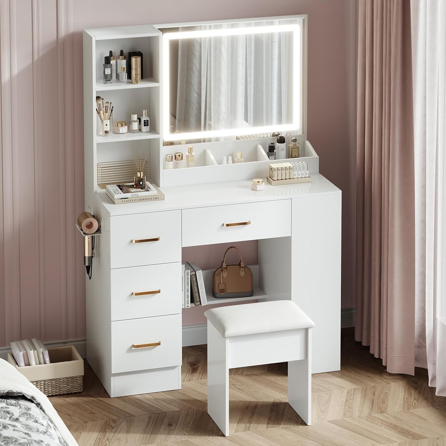 White Vanity Desk w/Lighted Sliding Mirror 4 Drawers Hidden Storage Cabinet