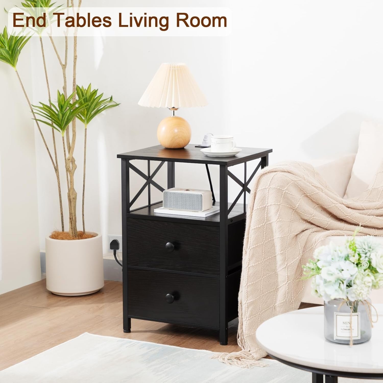 Set of 2 Black Bedside Tables with USB Charging Ports & Fabric Drawers