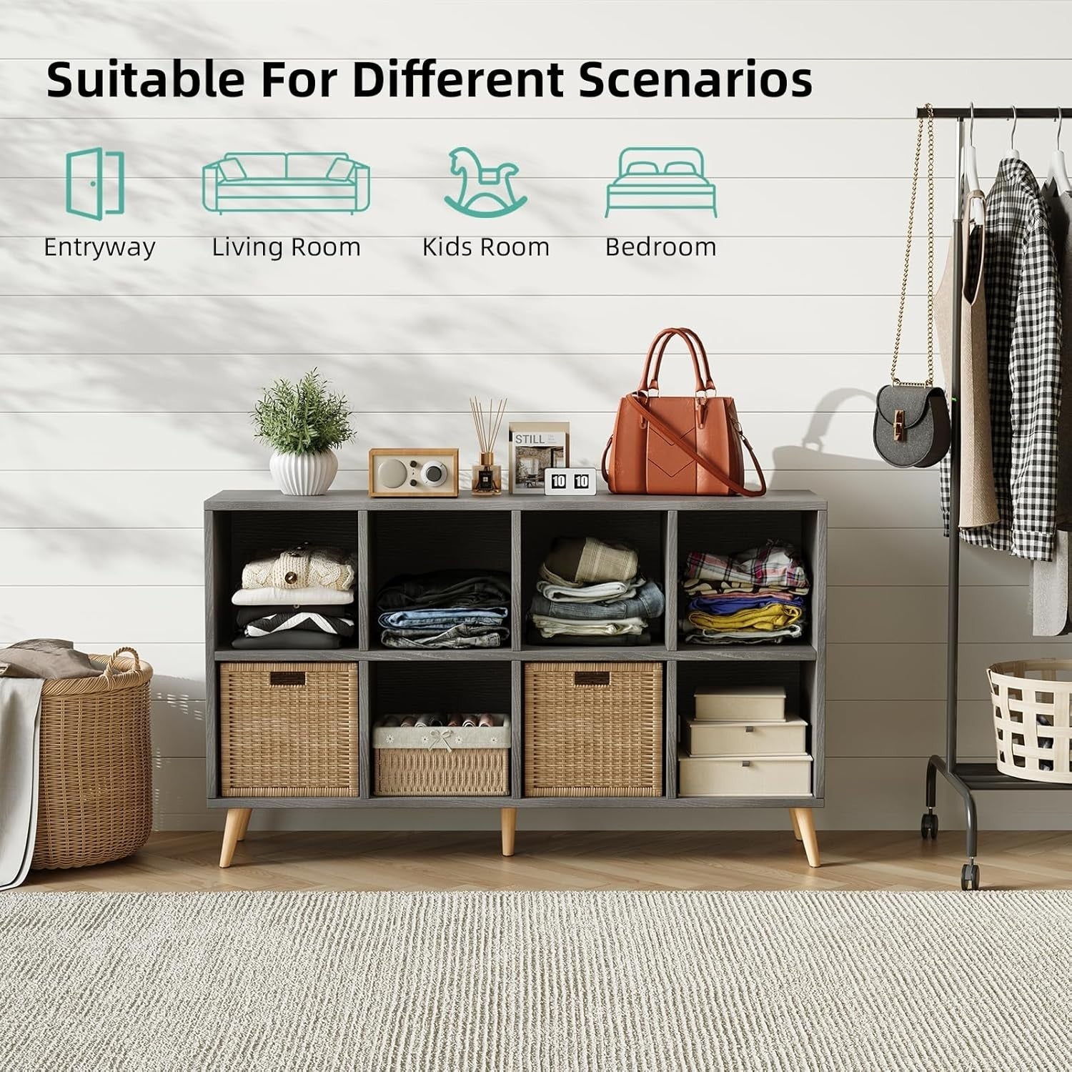 8 Cube Modern Bookcase with Legs Grey Oak Wooden Storage Shelf 120cm
