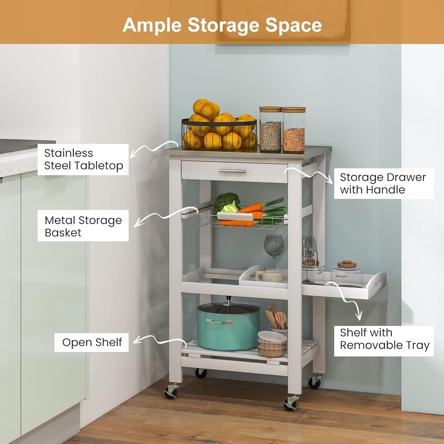 Kitchen Trolley on Wheels Storage Cart Stainless Steel Top Drawer