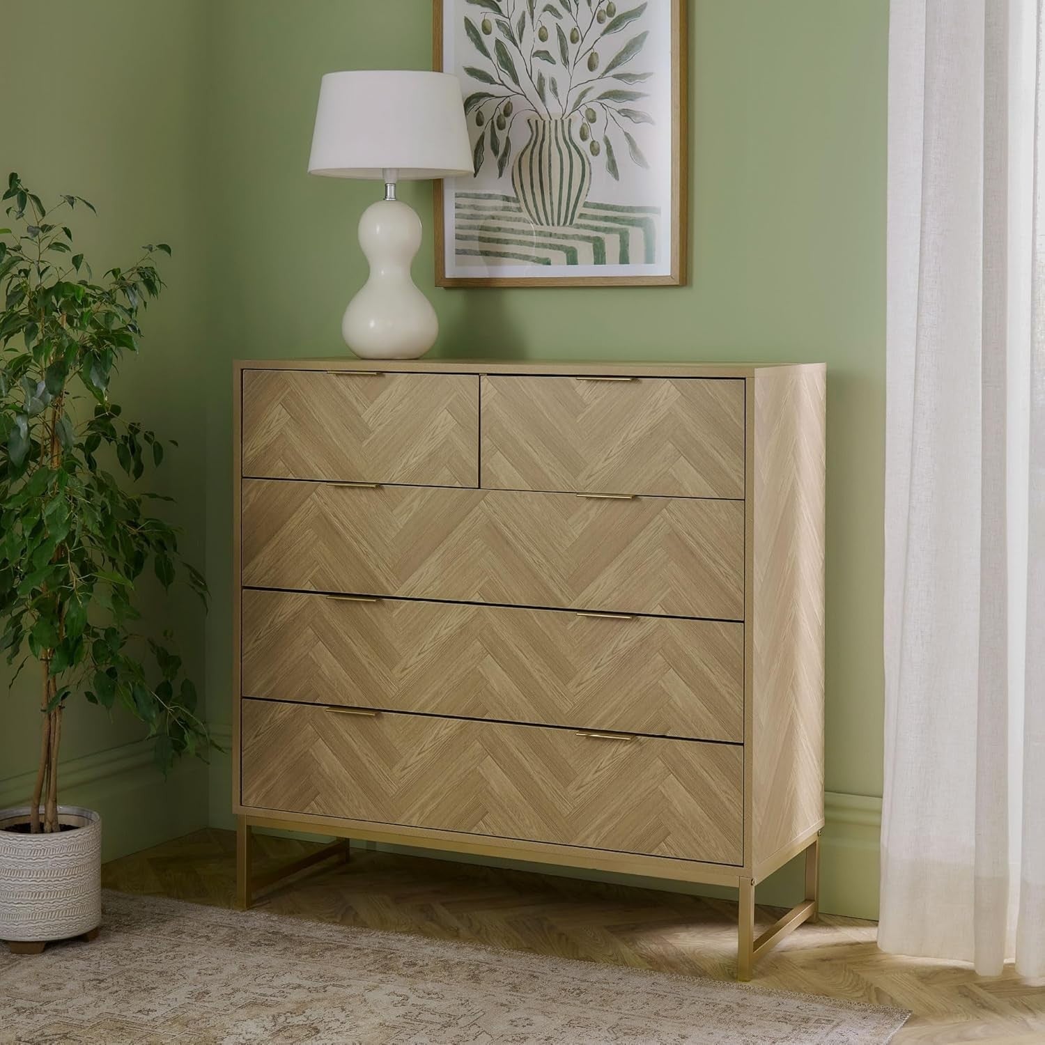 Herringbone 5 Drawer Bedroom Dresser Scandi Wood Effect Storage Cabinet