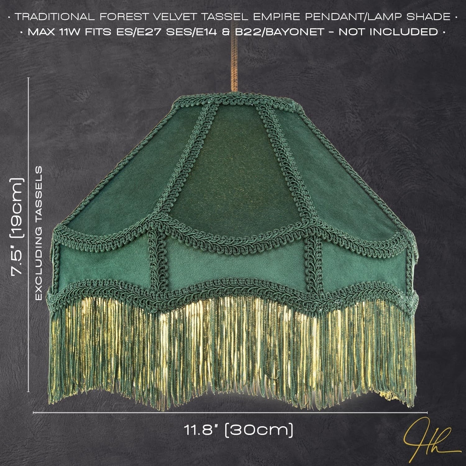 Victorian Empire Velvet Lampshade Forest Green Tassel Pendant 30cm