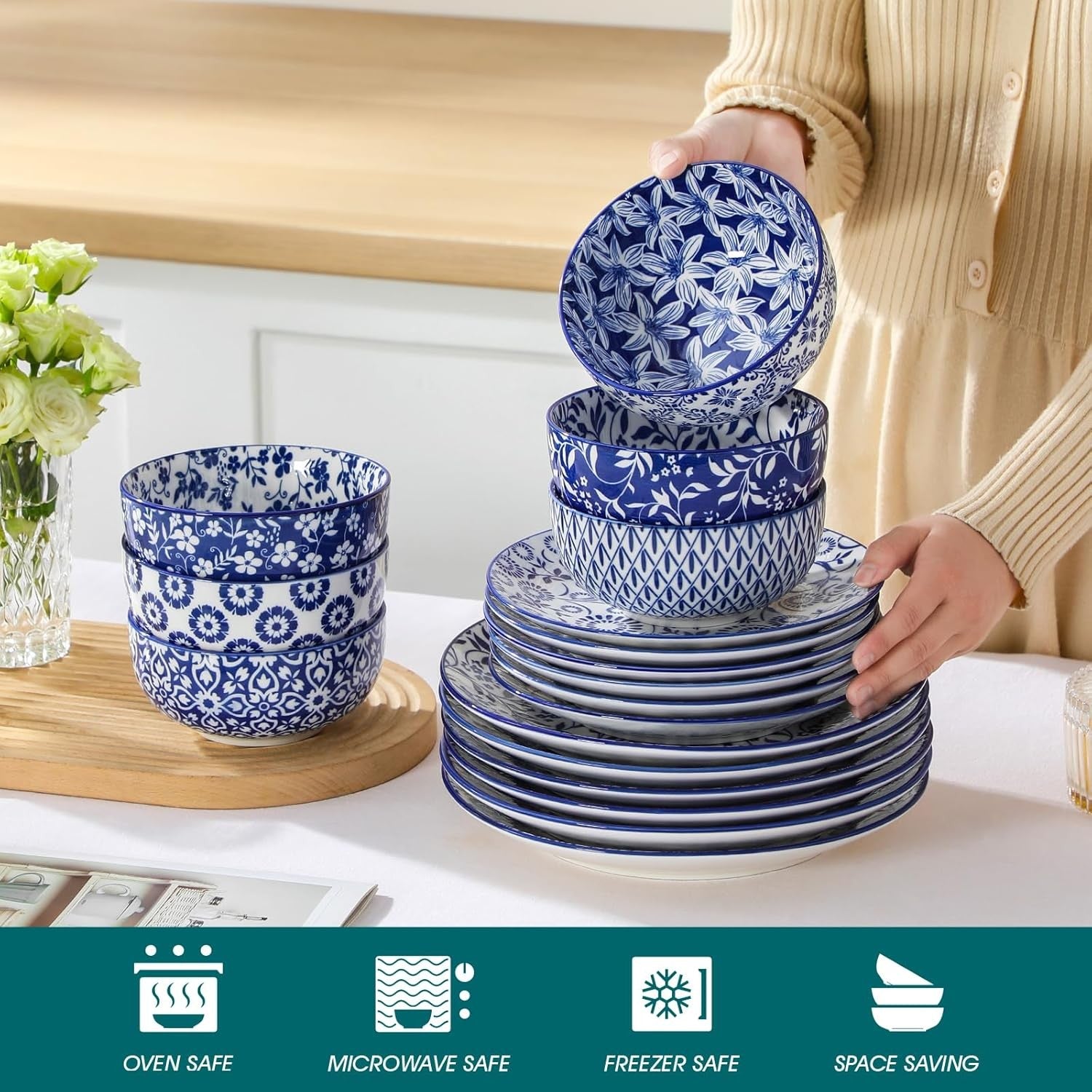 36pc Porcelain Dinnerware Set Blue White Plates Bowls Dishwasher Safe