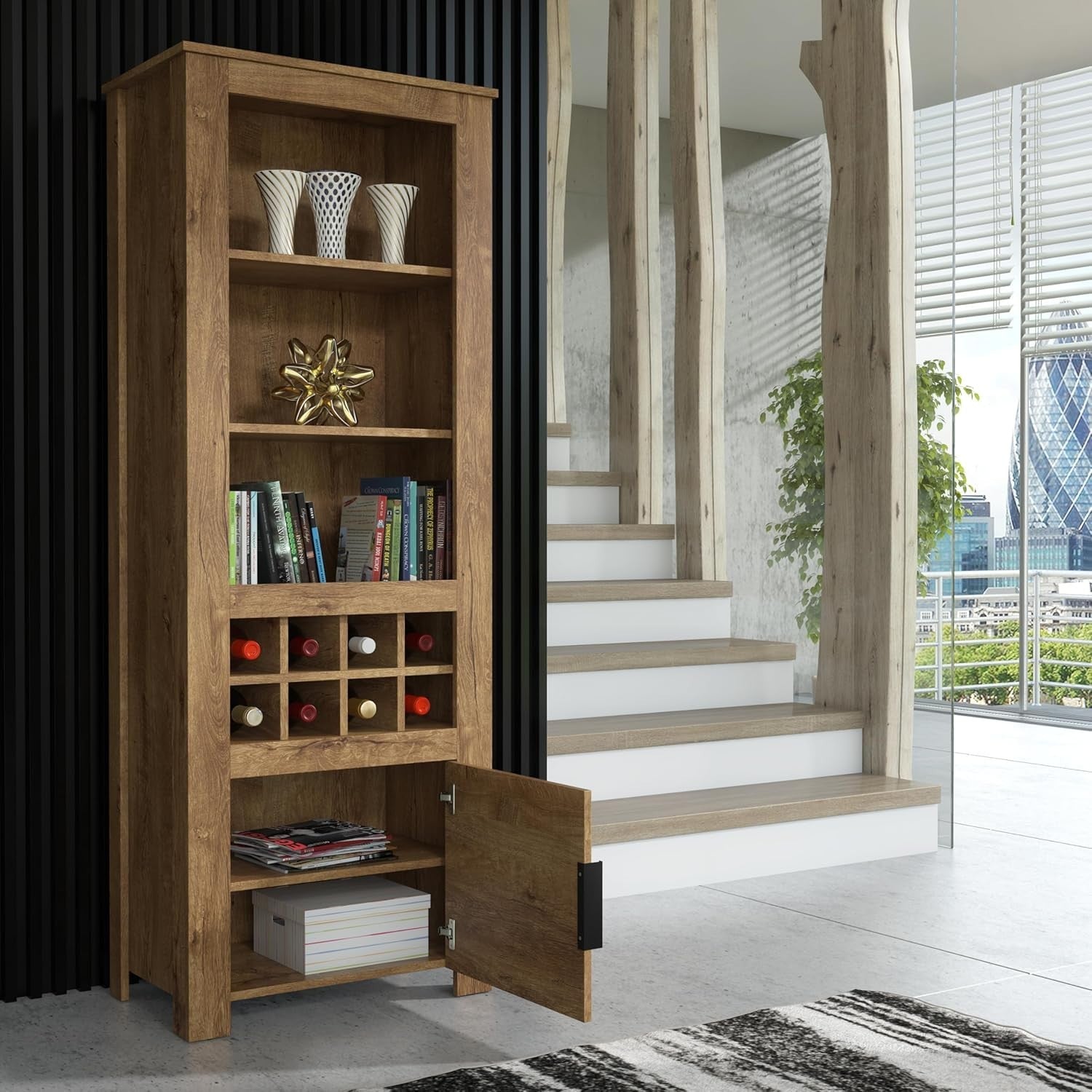 Dark Oak Display Cabinet with Wine Rack & LED Lighting | Tall Bar Storage Unit