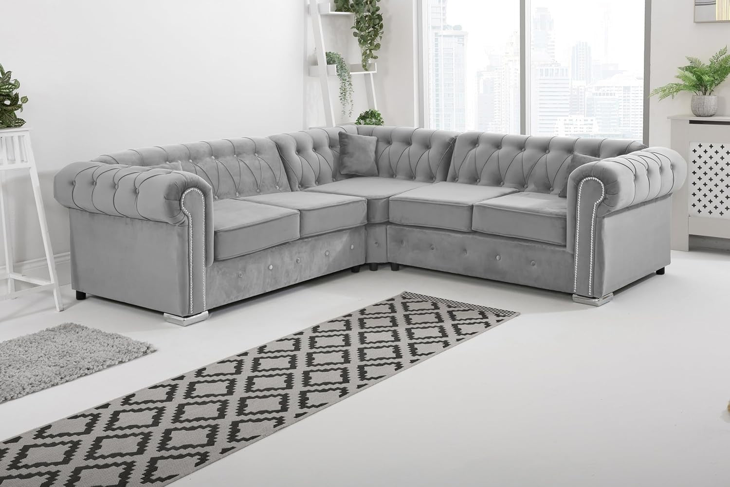 Silver Plush Velvet Chesterfield Corner Sofa – Diamond Detail, Foam Cushions, 5