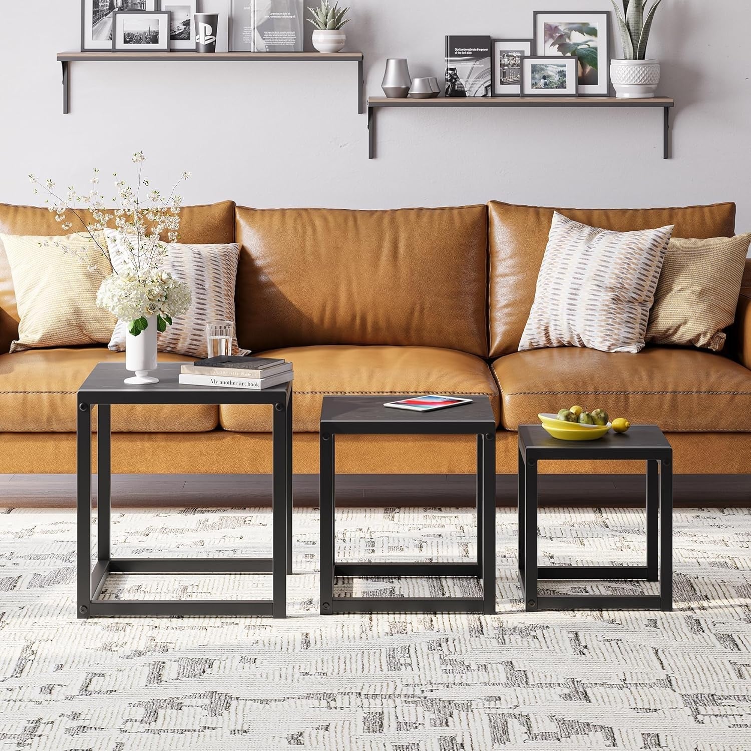 3 Black Nesting Coffee Tables Set of 3 Rectangular Steel MDF Side End Table