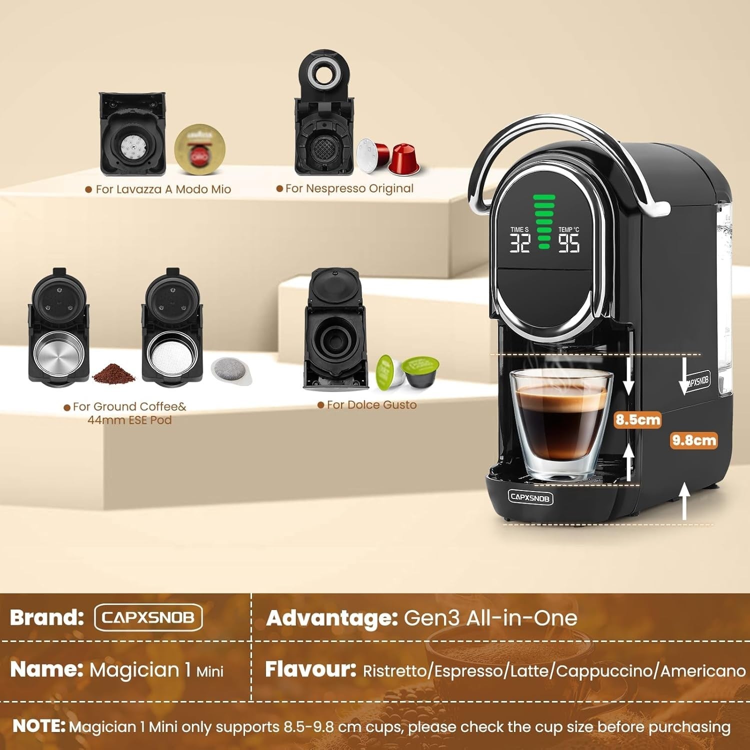 5-in-1 Pod Coffee Maker 20Bar Hot & Cold Brew Machine Compact Fast Heat-Up