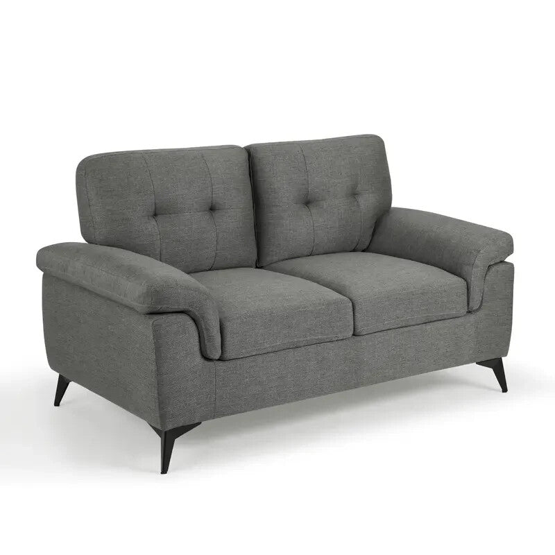 2 Seater Sofa Dark Grey Linen Tufted Cushions Small Space Living Room