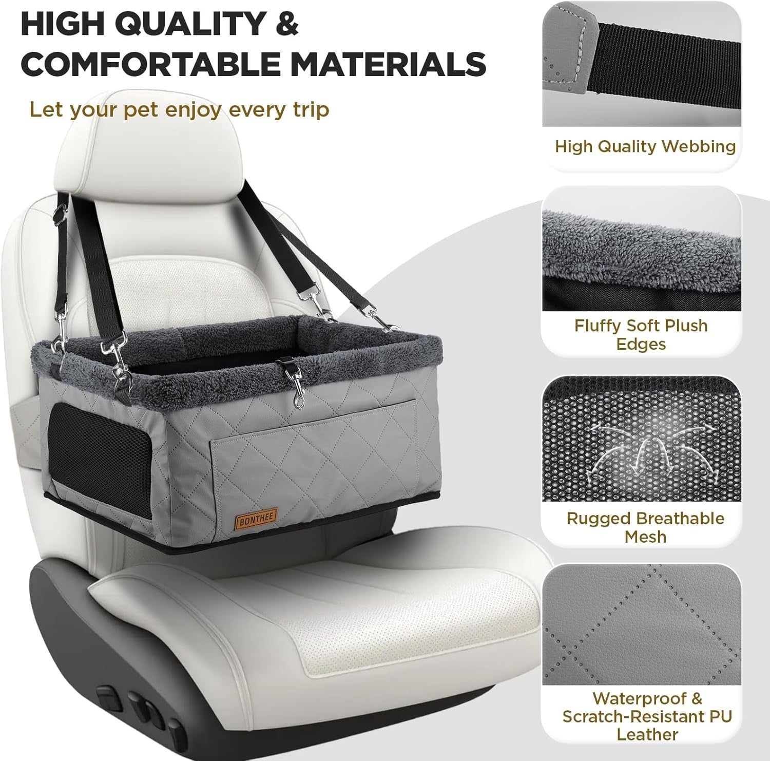 Dog Booster Car Seat Metal Frame Waterproof Travel Carrier 20lb Grey
